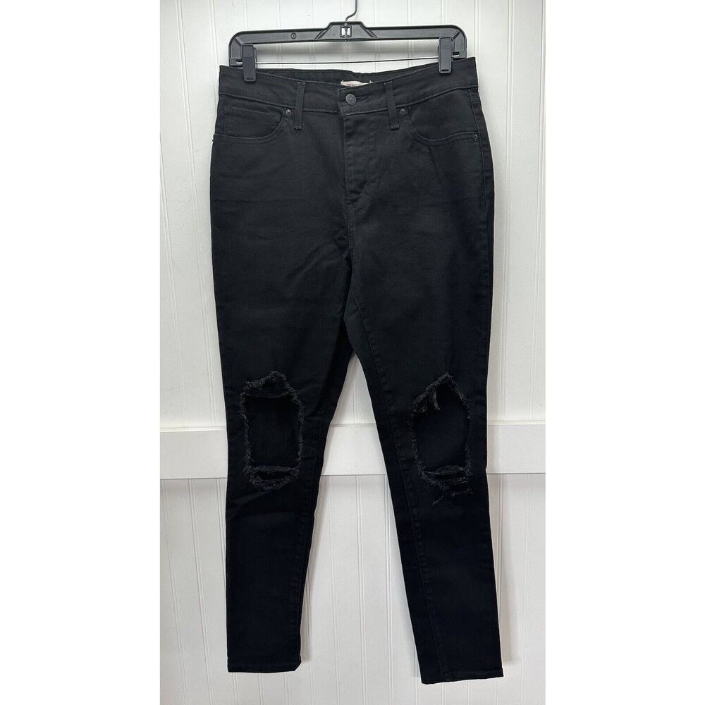 Levis 721 Jeans High Rise Skinny Womens 31 Black Denim Ripped Distressed Holes
